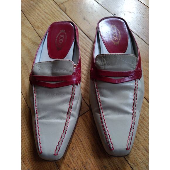 Tod's Cream Red Leather Mules Slides Italian Designer Size 5 Made in Italy - Picture 2 of 11